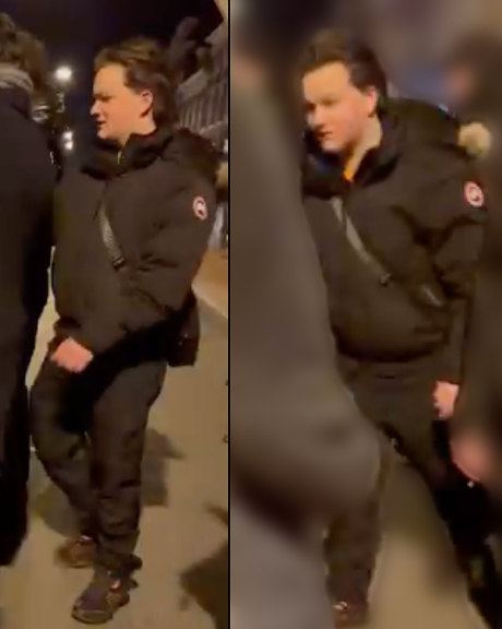 Opsporingsfoto van de eerste verdachte met donkerbruin achterovergekamd haar en merklogo op de sleeve.
