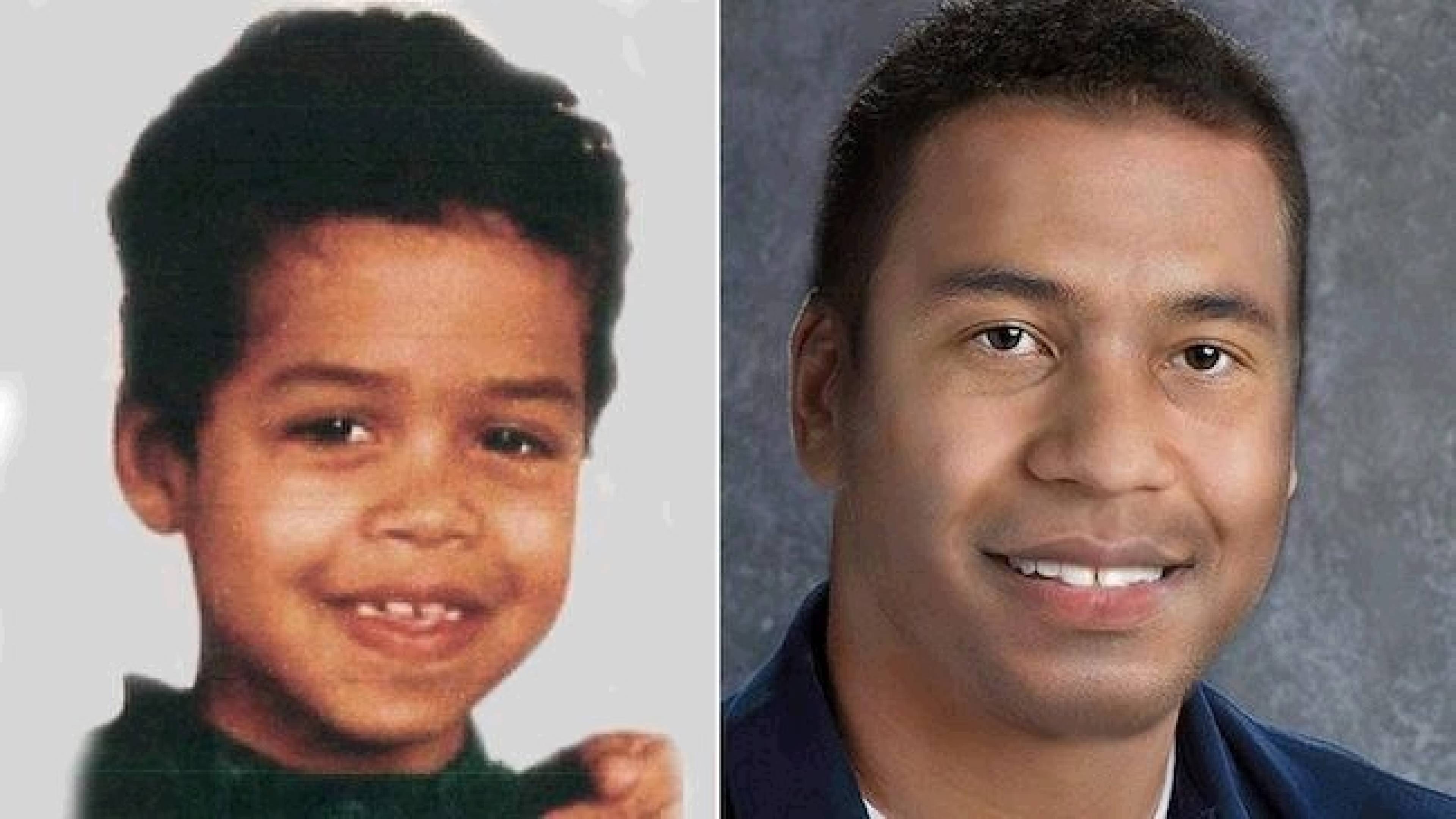 Portret van de vermiste Jaïr Soares (7) met daarnaast de officiële verouderingsfoto van de politie die toont hoe hij er als twintiger uit zou kunnen zien.