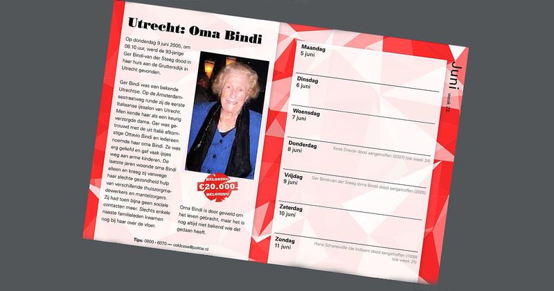 De vermelding van de onopgeloste moord op Ger 'Oma' Bindi uit Utrecht in de dossiers van de politie en de Peter R. de Vries Foundation.