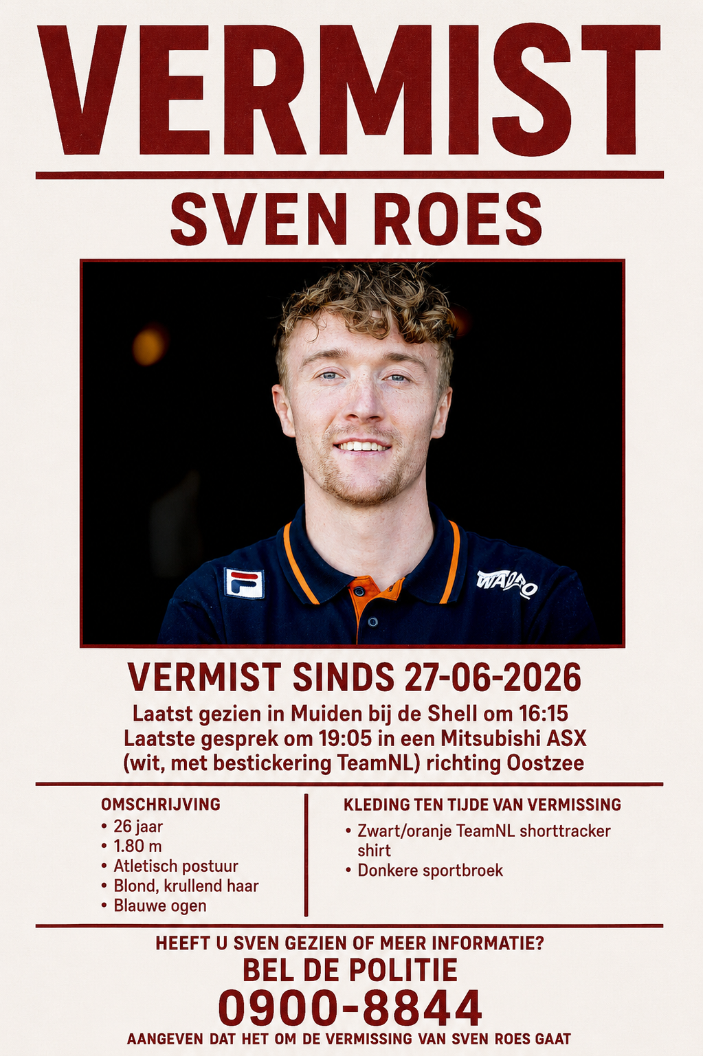 De vermiste 26-jarige shorttracker Sven Roes in actie op het ijs in zijn TeamNL schaatspak.