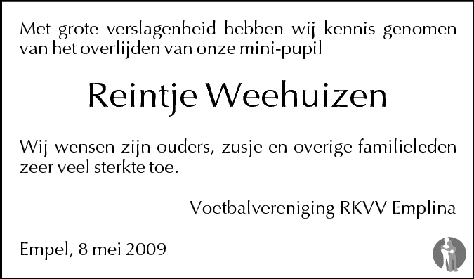 Een herdenkingsadvertentie of rouwbericht op Mensenlinq ter nagedachtenis aan de overleden Rein Weehuizen.