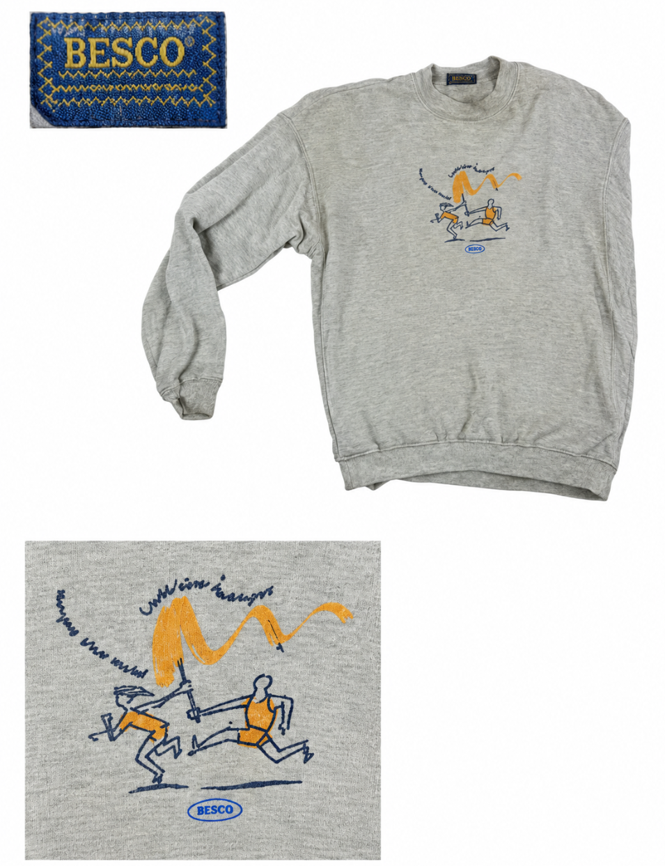 Afbeelding van het logo 'Bewegen door de lucht – Lucht door bewegen' op de Besco-sweater ter herkenning.