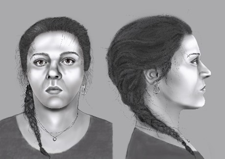Een door de politie gemaakte compositietekening van de ongeïdentificeerde dode vrouw ('Karen'), die omkwam bij de woonbootbrand.