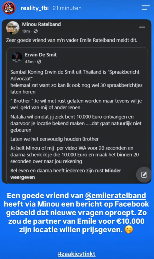 Screenshot van berichten van Minou Ratelband en Erwin de Smit over de vermissing van Emile Ratelband.