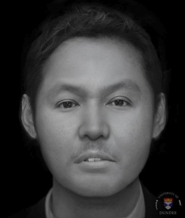Digitale 3D-gezichtsreconstructie gemaakt door de University of Dundee van de onbekende Aziatische man (20-30 jaar) gevonden in Oud-Zuilen