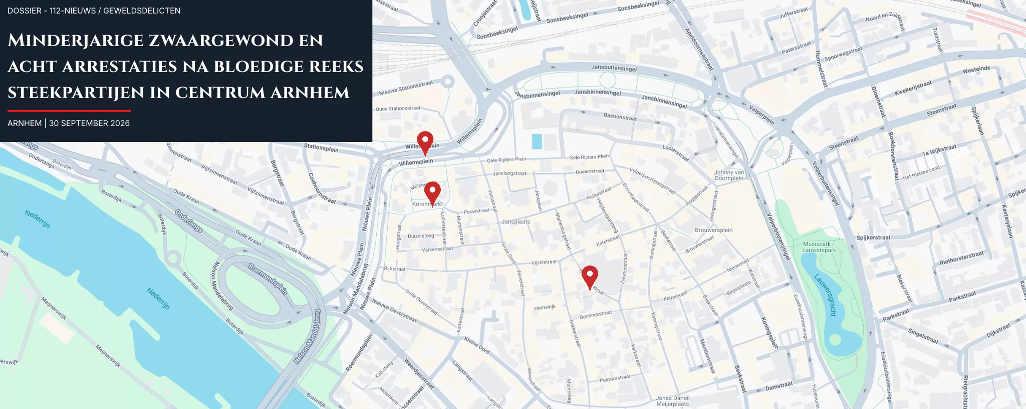 Een plattegrond van het centrum van Arnhem met markeringen op de locaties van de gewelddadige steekpartijen en vechtpartijen, waaronder het Willemsplein, de Korenmarkt en de Wielakkerstraat.