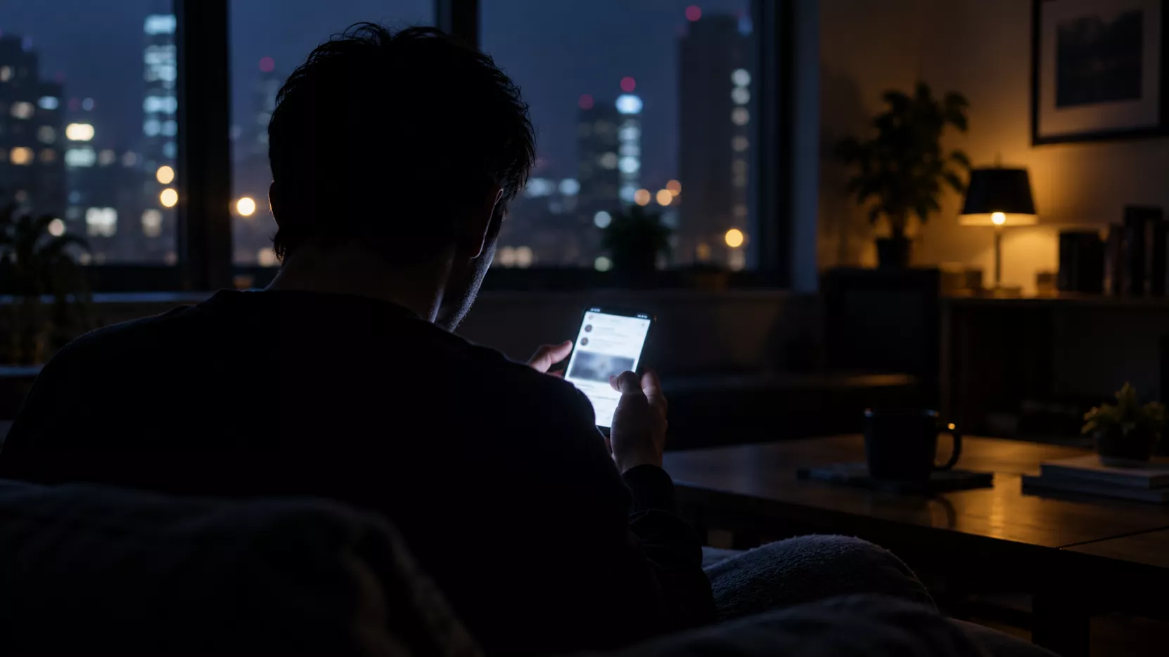 Een sfeerbeeld van een persoon met een smartphone in het donker, symbool voor het online groomen en misleiden van jonge slachtoffers.