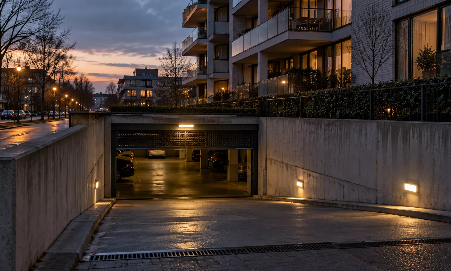 Toegang tot een ondergrondse parkeergarage van een appartementencomplex.