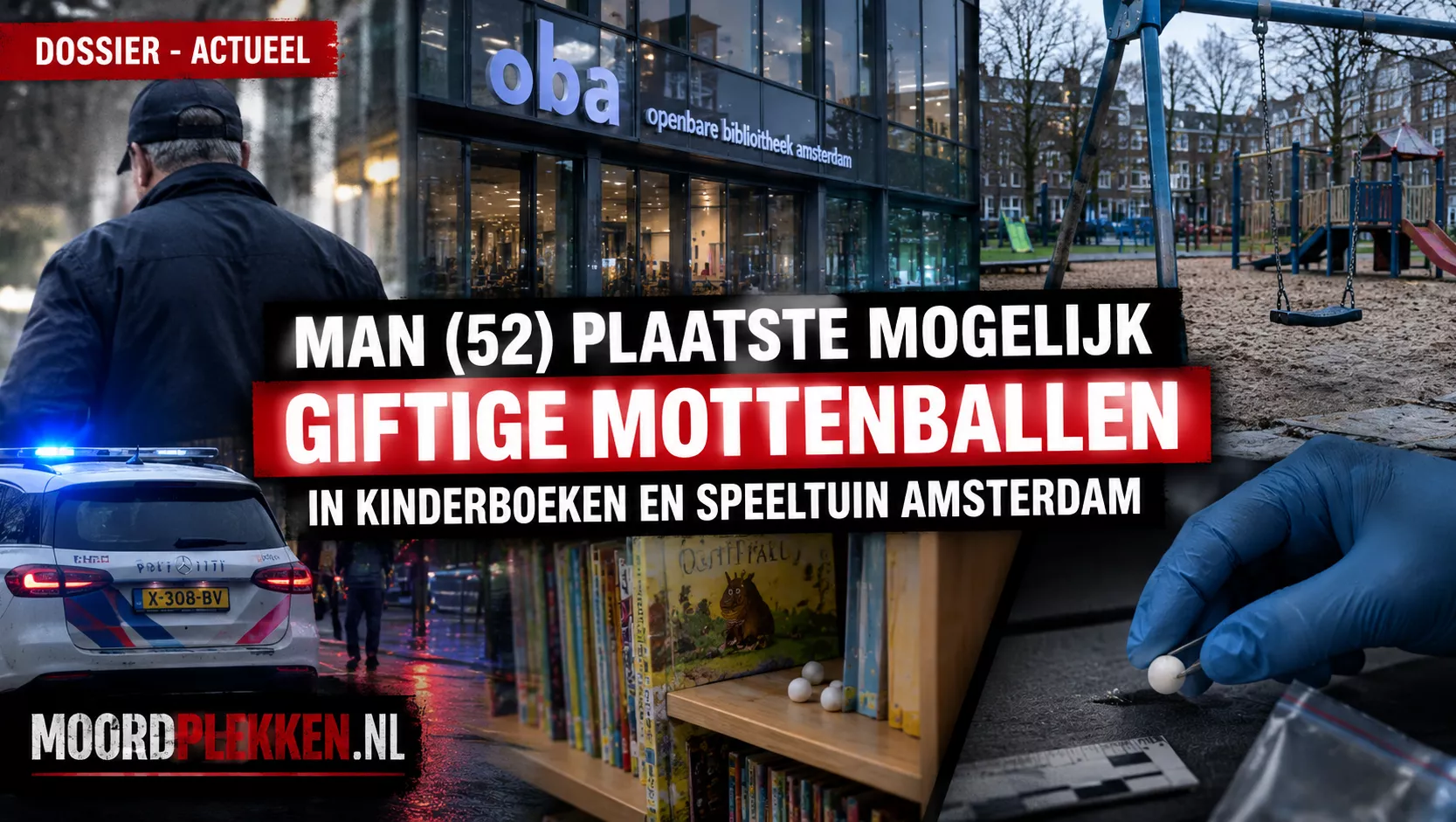 Een rij kinderboeken in de kast van een bibliotheek, de plek waar de verdachte de giftige mottenballen verstopte.