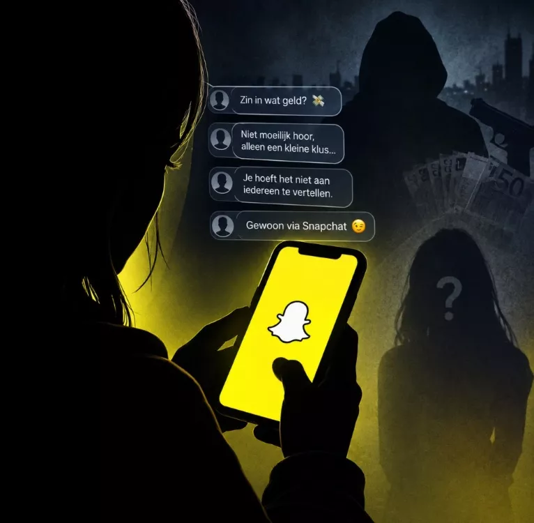 Persoon kijkt op een smartphone met Snapchat-logo, symbolisch voor het ronselen van minderjarigen voor zware misdaad.