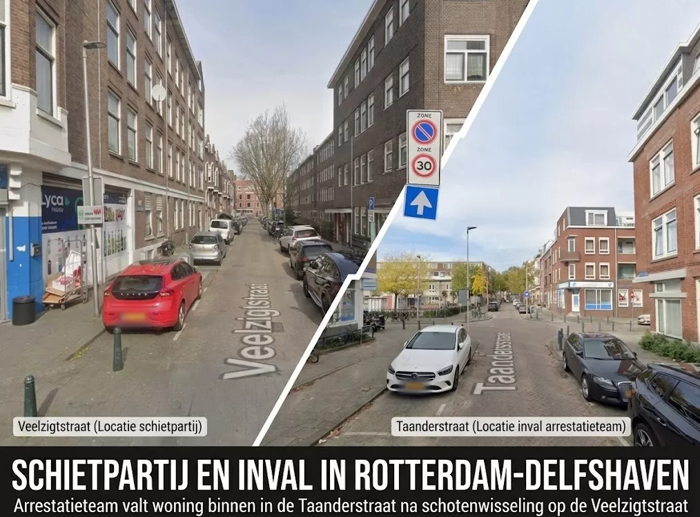 Een arrestatieteam van de politie valt een woning binnen na een schietpartij op de Veelzigtstraat in Rotterdam.