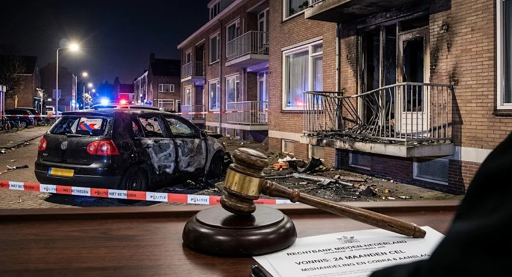 Een hamer van de rechter met op de achtergrond een zwaar beschadigde auto en een balkon na een explosie met zwaar vuurwerk.