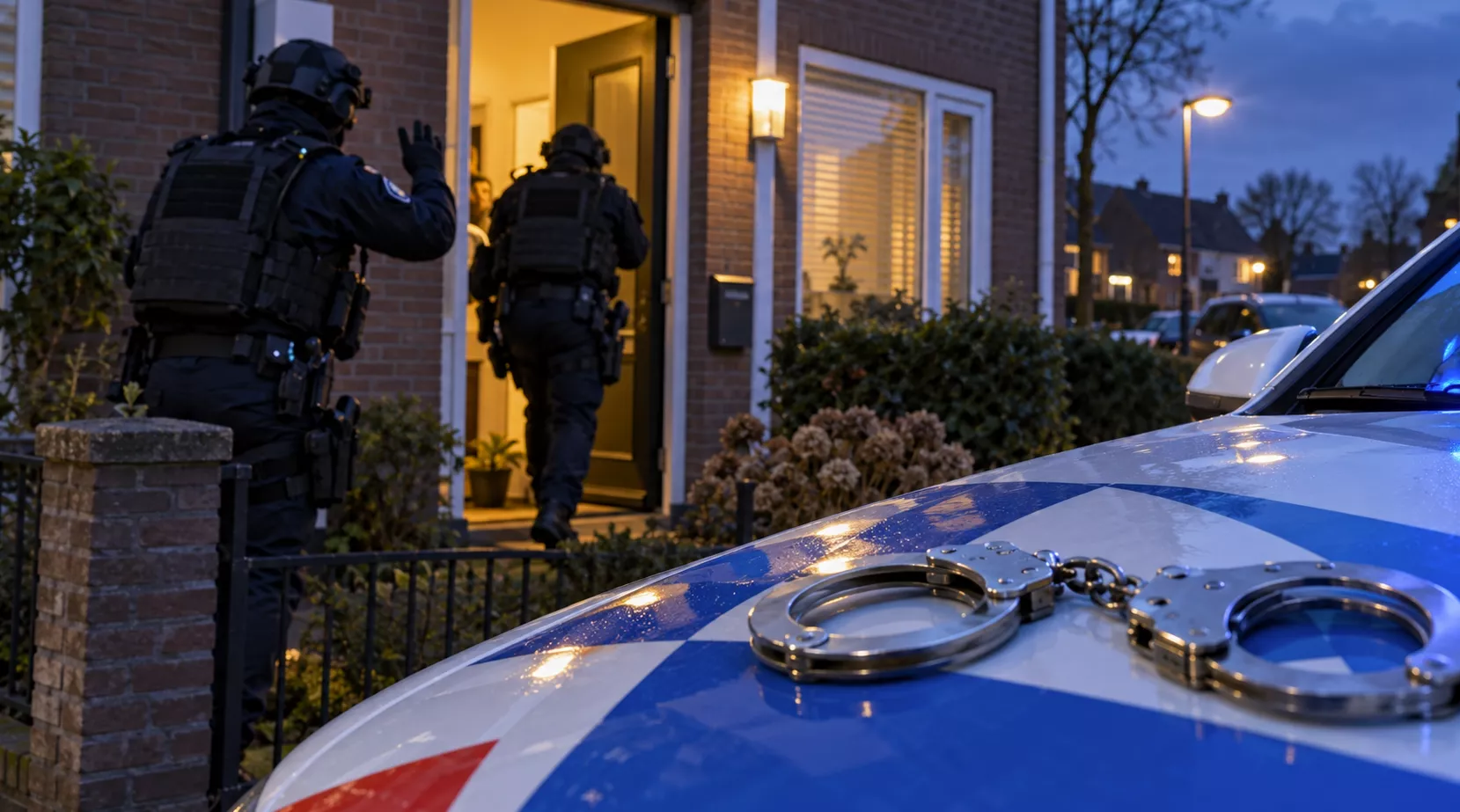 Handboeien rustend op een politievoertuig of het logo van de Nationale Politie.