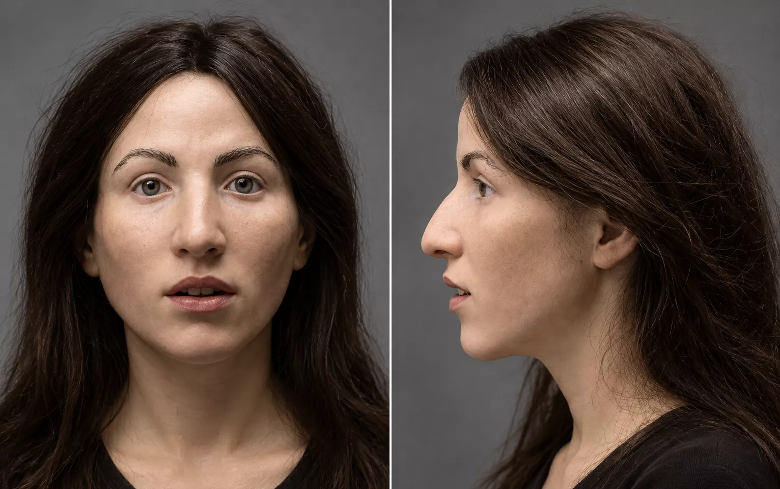 Een AI-gegenereerd portret van een jong meisje met kastanjebruin haar, bedoeld als nieuwe, realistische reconstructie van het onbekende slachtoffer uit 1976.