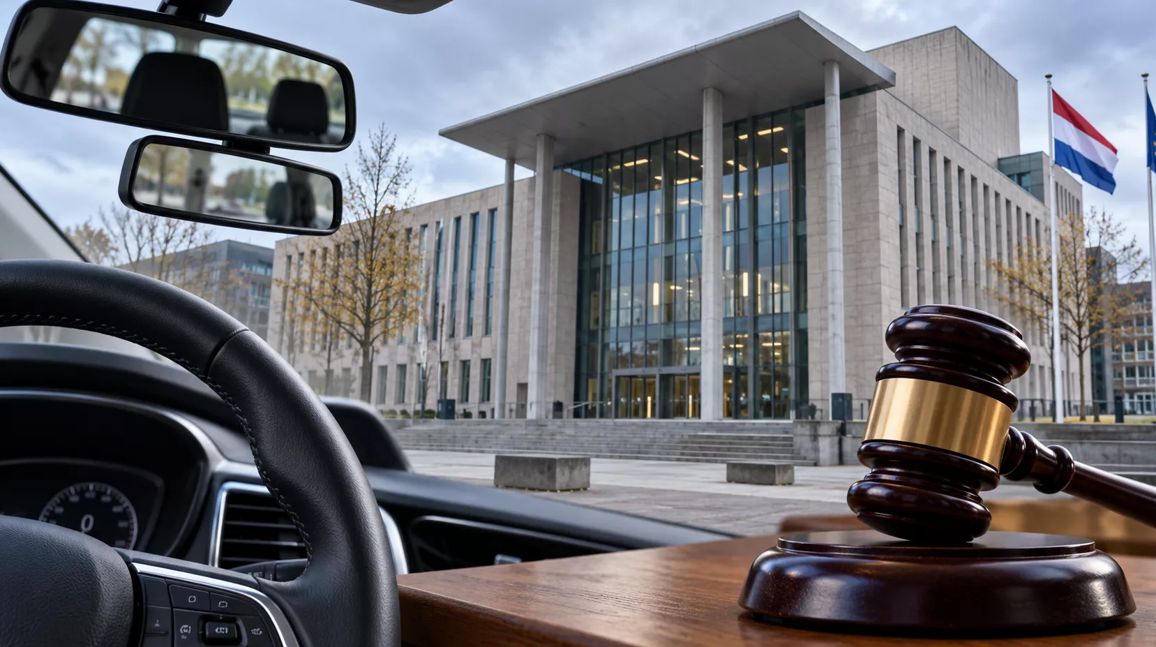Een stuurwiel van een auto met een lesauto-spiegel ter illustratie van een incident tijdens een rijles.
