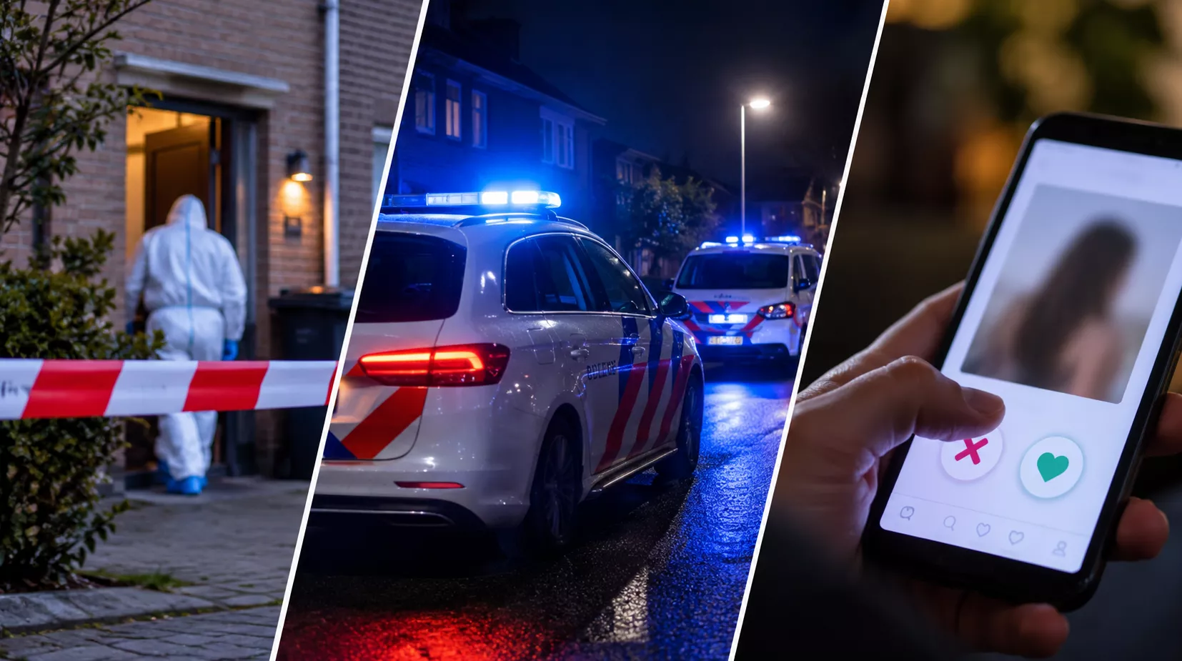 Sfeerbeeld van politielint en afzetting bij een woning tijdens een forensisch onderzoek.
