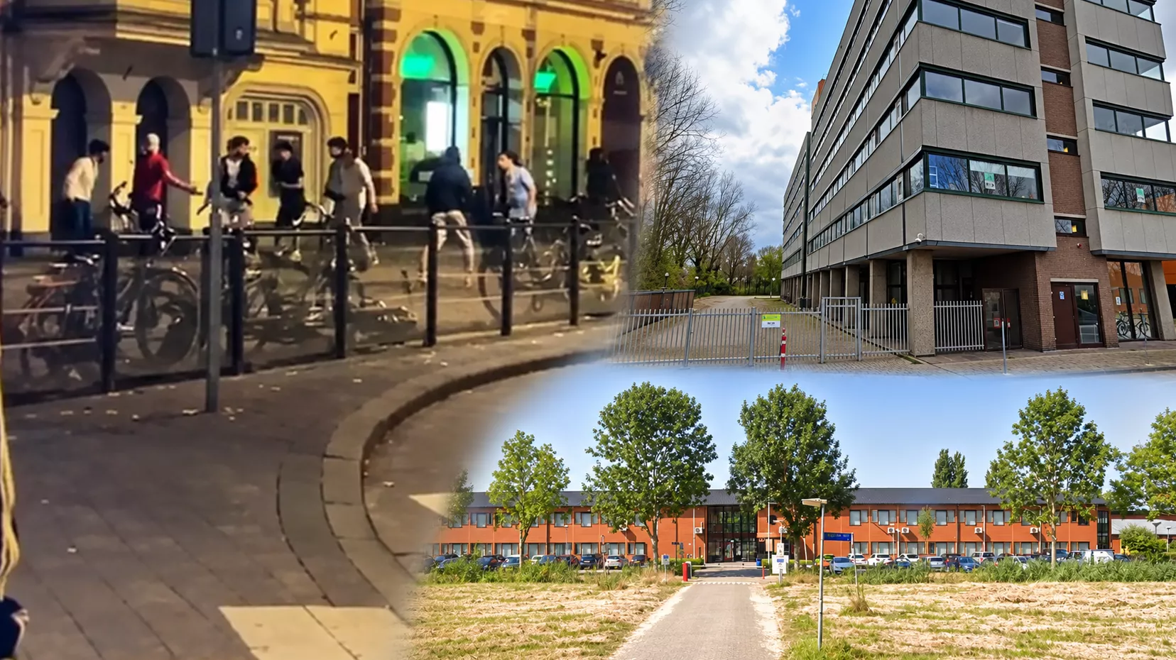 Een fotocollage die de recente geweldgolf illustreert: aan de ene kant de ingang van een asielzoekerscentrum (AZC) en aan de andere kant de afgesloten binnenstad van Arnhem met politie-inzet na de massale steekpartijen.